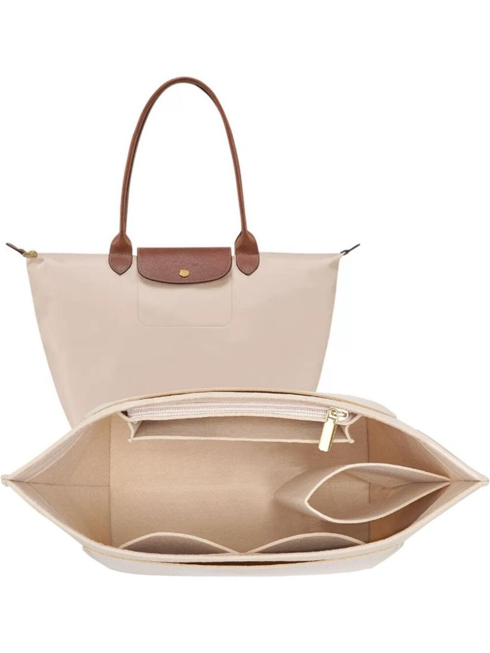 Felt Purse Organizer Insert for Long Handbags - Small Beige Storage Solution